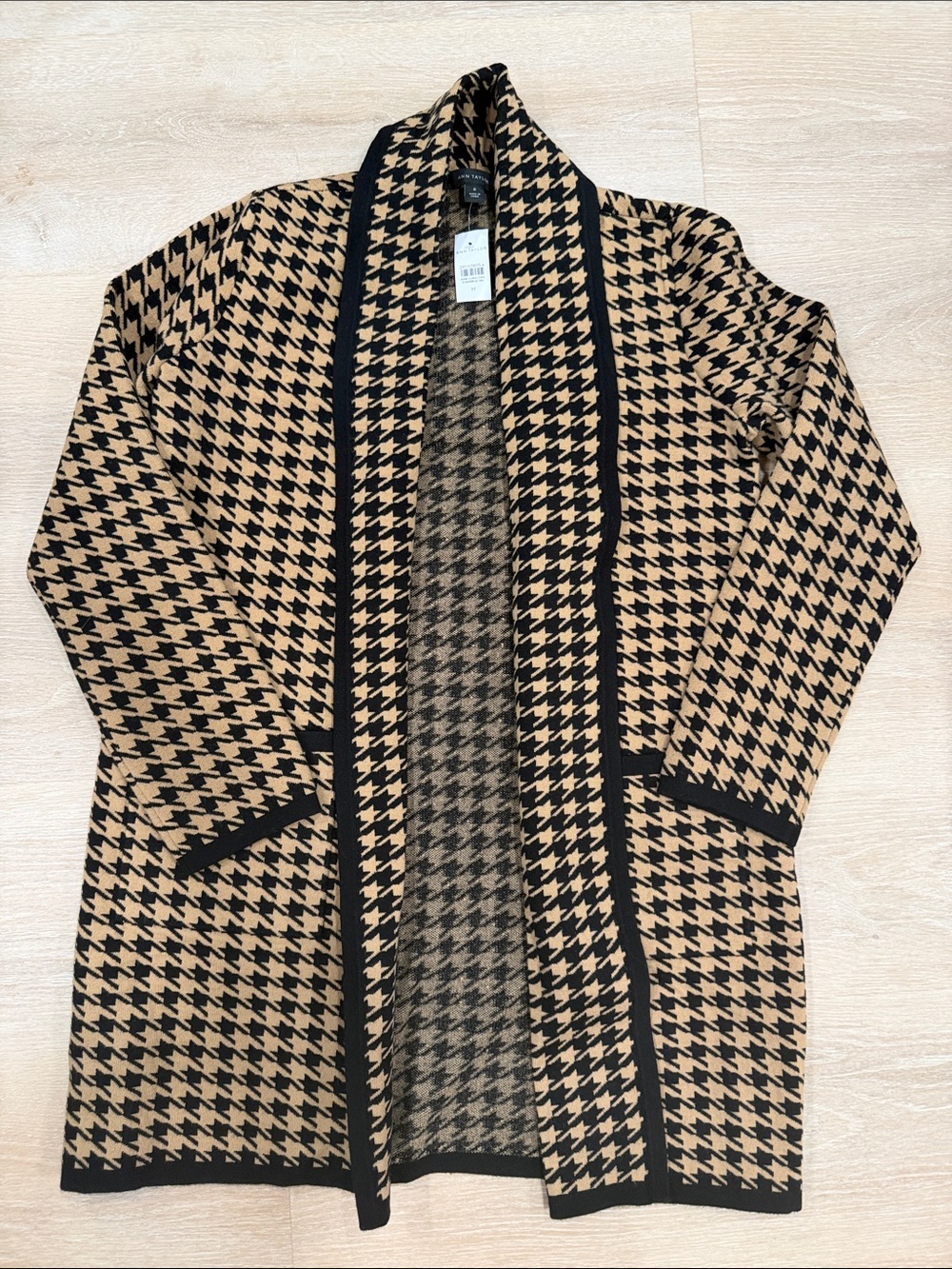 BNWT Ann Taylor Women’s Open-Front Houndstooth Sweater Coat - Camel/Black